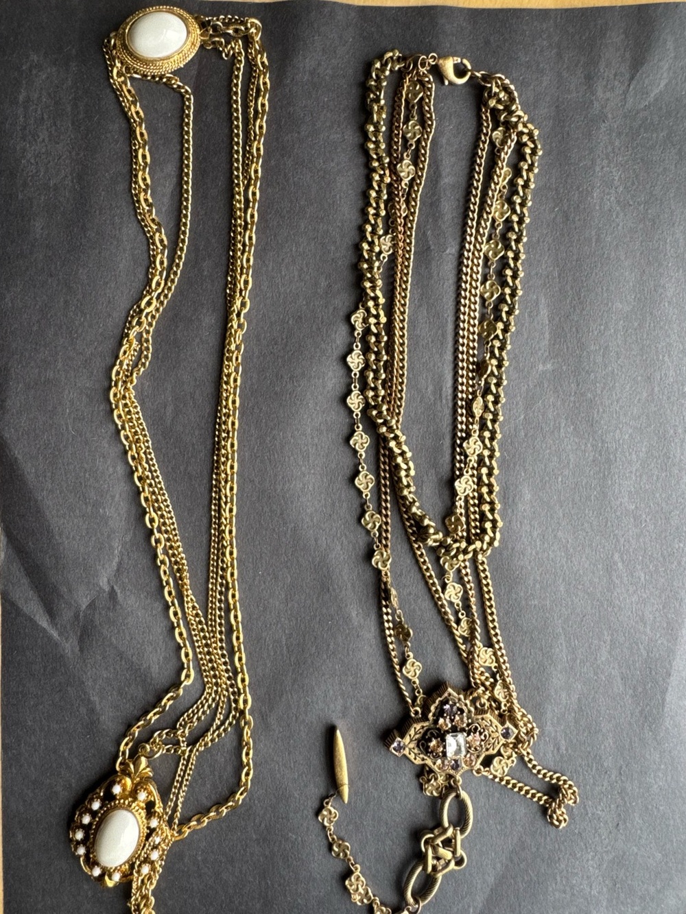 Vintage Gold-Tone Multi Strand Pendant Necklace with White Cabochon